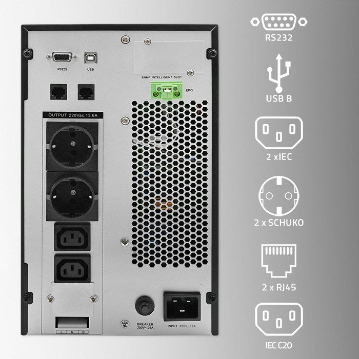 Qoltec Uninterruptible Power Supply (UPS) 3kVA 3000W Power Factor 1.0 LCD EPO USB Online