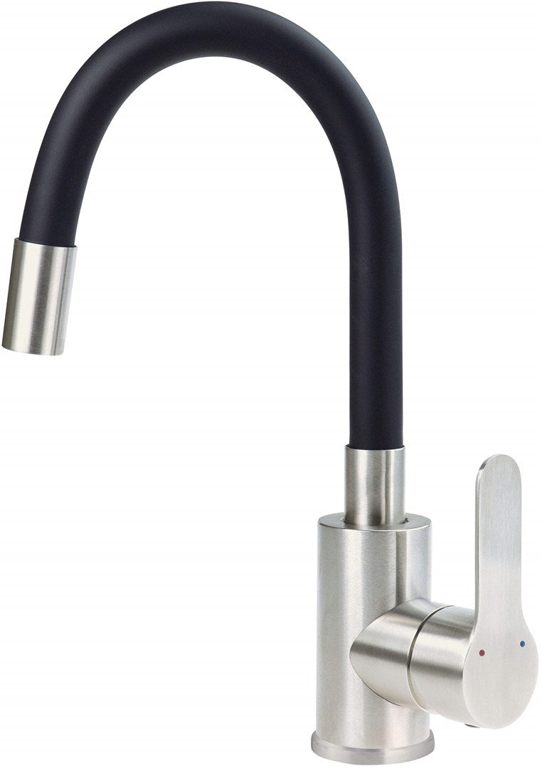 Washbasin mixer with curved spout