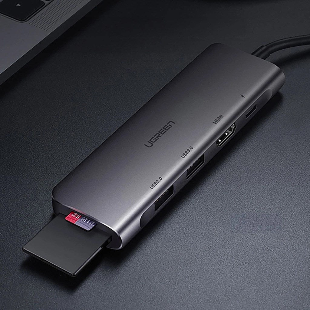 Ugreen CM195 6-in-1 USB-C adapter – HDMI / 2× USB-A 3.0 / USB-C PD / SD / TF card reader – grey