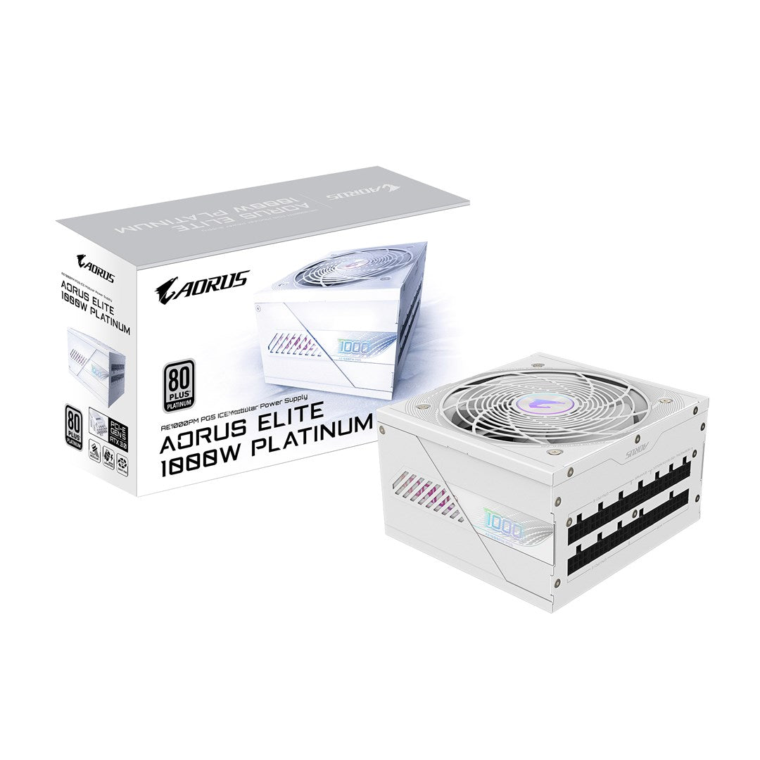 GIGABYTE AORUS ELITE P1000W ICE Power Supply Unit - PCIe 5.0  80 PLUS Platinum  Fully modular design  120mm Fan  ATX 3.0 compatible  EU Plug