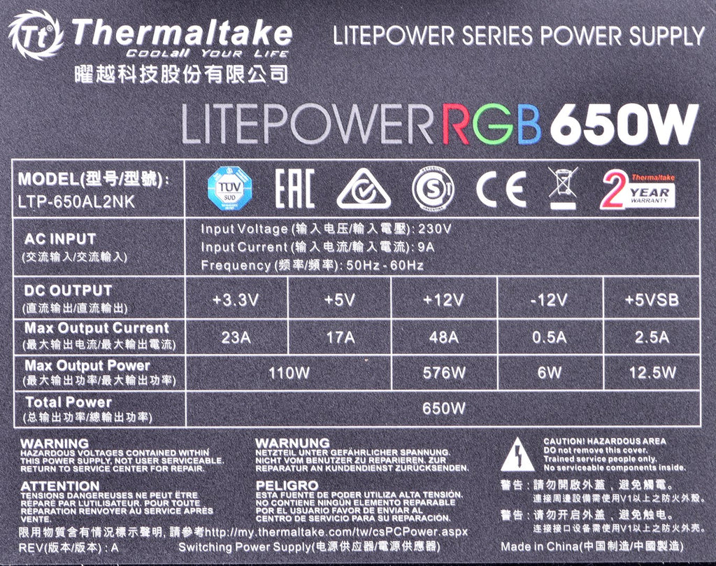 Thermaltake Litepower RGB 650W Power Supply PS-LTP-0650NHSANE-1