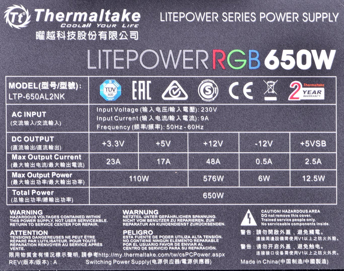 Thermaltake Litepower RGB 650W Power Supply PS-LTP-0650NHSANE-1