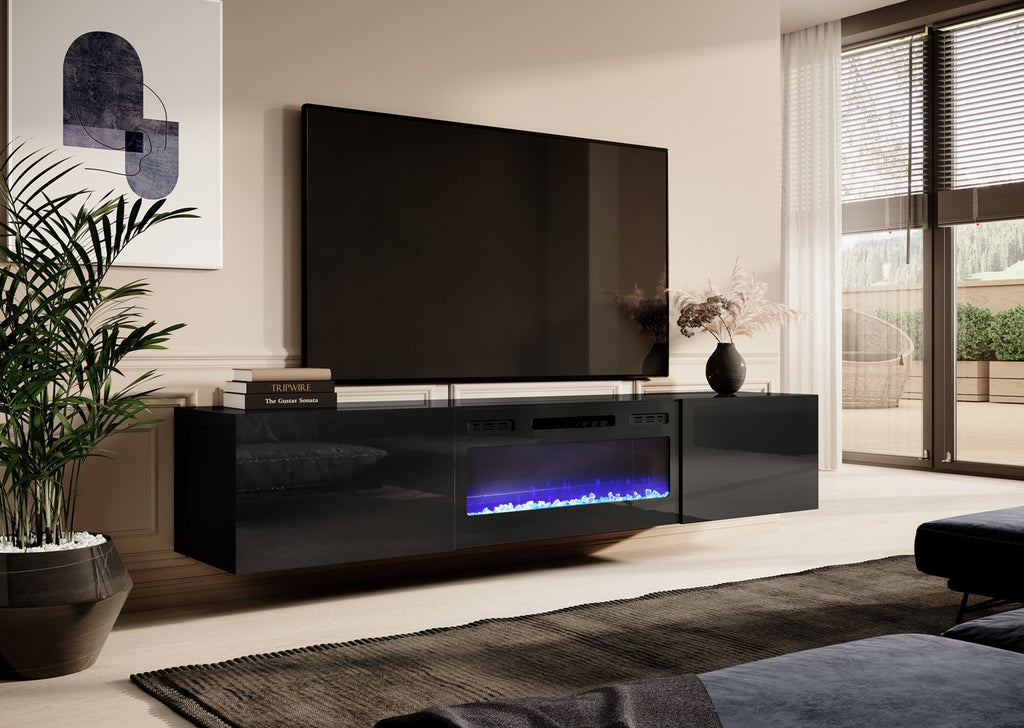 Cama MEBLE TV Cabinet with Electric Fireplace, Gloss Black Finish, 2000x400x875 mm, Model SLIDE 200K+K CZ