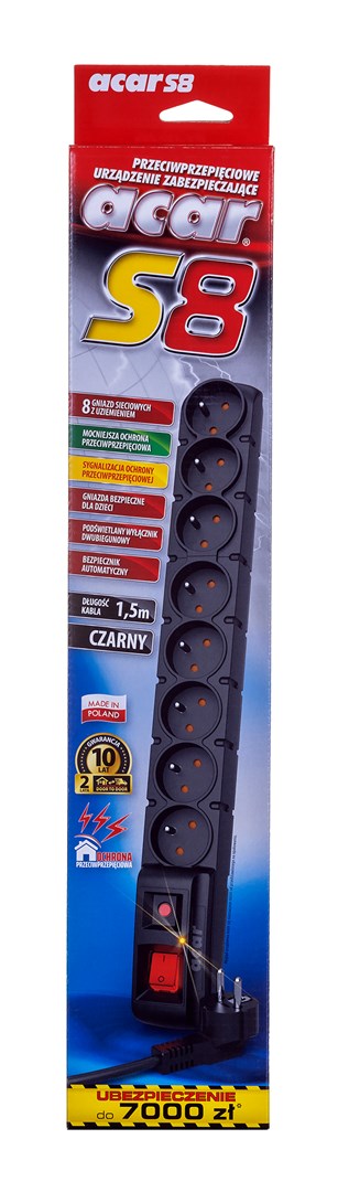 ACAR S8 Power Extension 1.5 m 8 AC Outlets Indoor Black