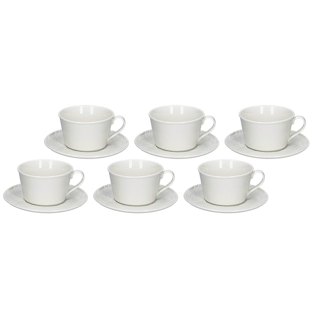 Set of 6 Bosco Tea Cups with Saucer - White  180 ml