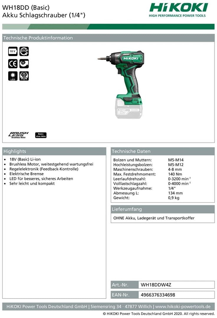 HiKOKI Impact Driver 18V WH18DD W4Z BODY 1/min