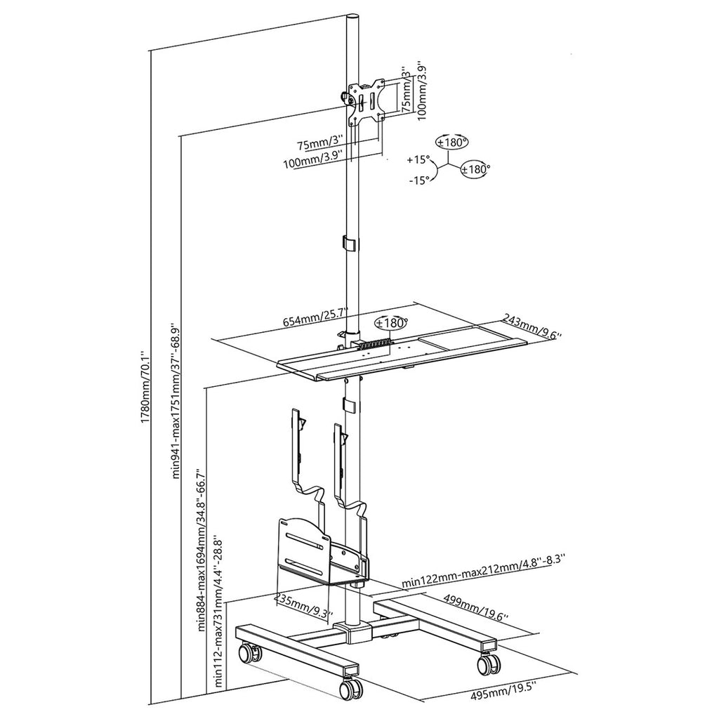 Maclean Professional Laptop Stand Cart Mobile Workstation 17-32 inch 20 kg MC-793