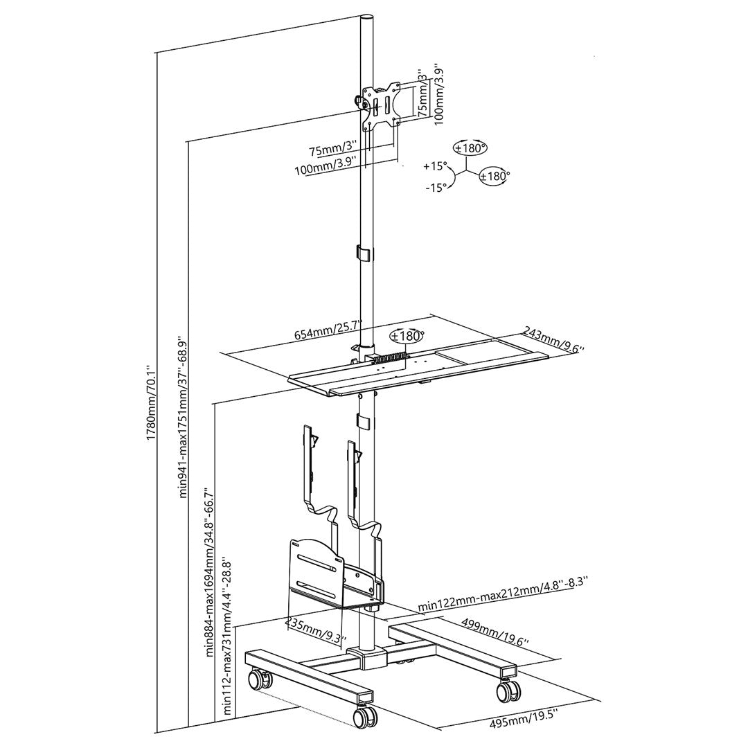 Maclean Professional Laptop Stand Cart Mobile Workstation 17-32 inch 20 kg MC-793