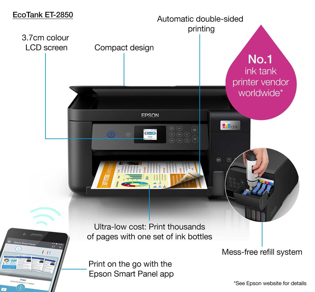 Epson EcoTank ET-2850 - Multifunction Printer - Color - Inkjet - A4 - Wi-Fi, USB - black (C11CJ63405)