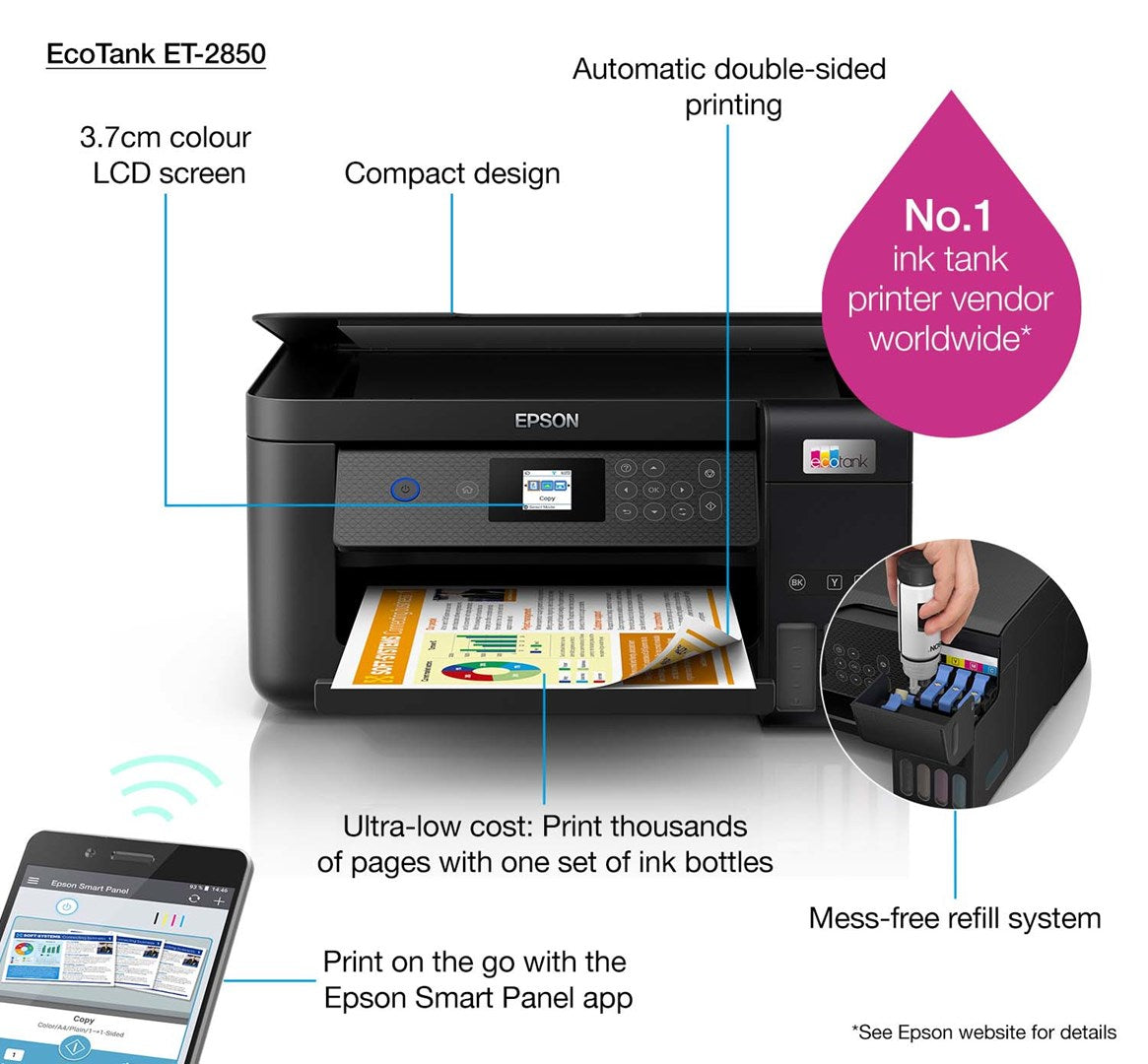 Epson EcoTank ET-2850 - Multifunction Printer - Color - Inkjet - A4 - Wi-Fi, USB - black (C11CJ63405)