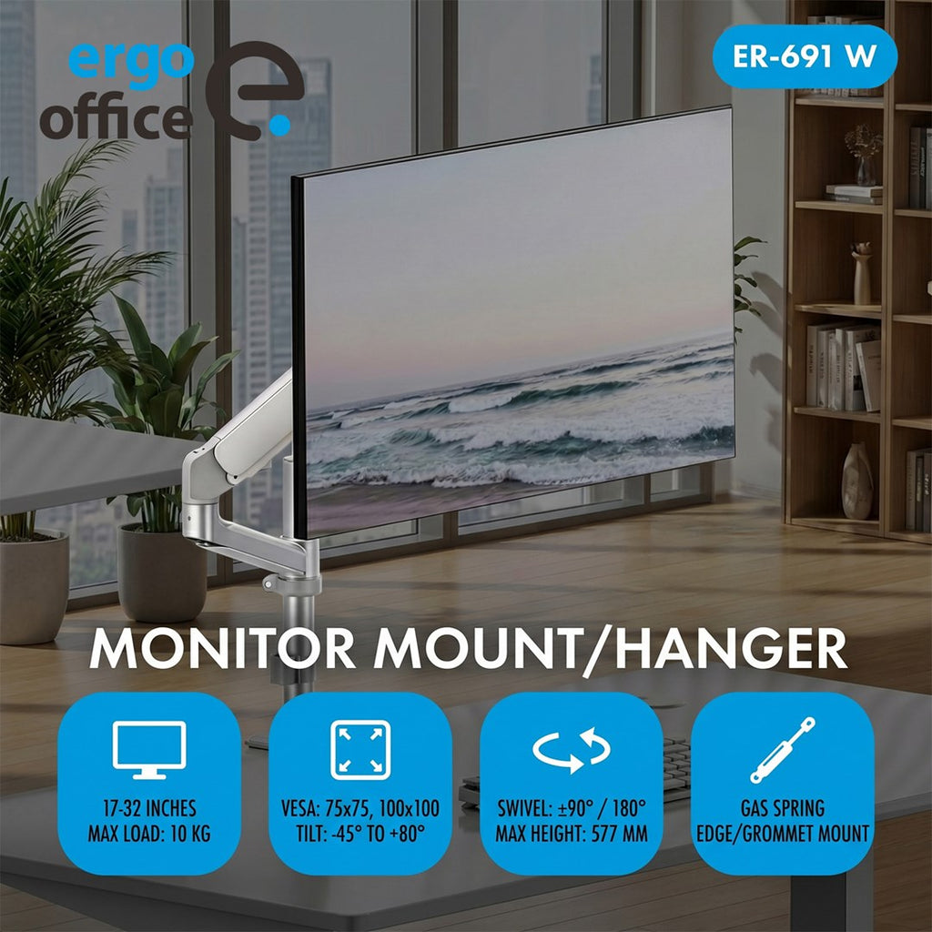 ergo office Gas Spring Monitor Mount for 17" to 32" Screens, Max Weight 10 kg, ER-691 W
