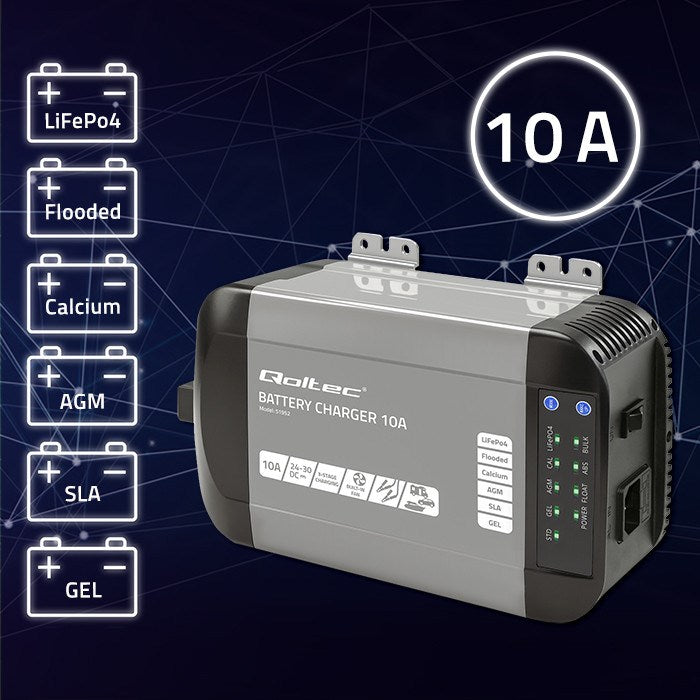 Qoltec Smart Monolith Battery Charger - 10A - 24V - for LiFePO4 AGM GEL SLA Batteries