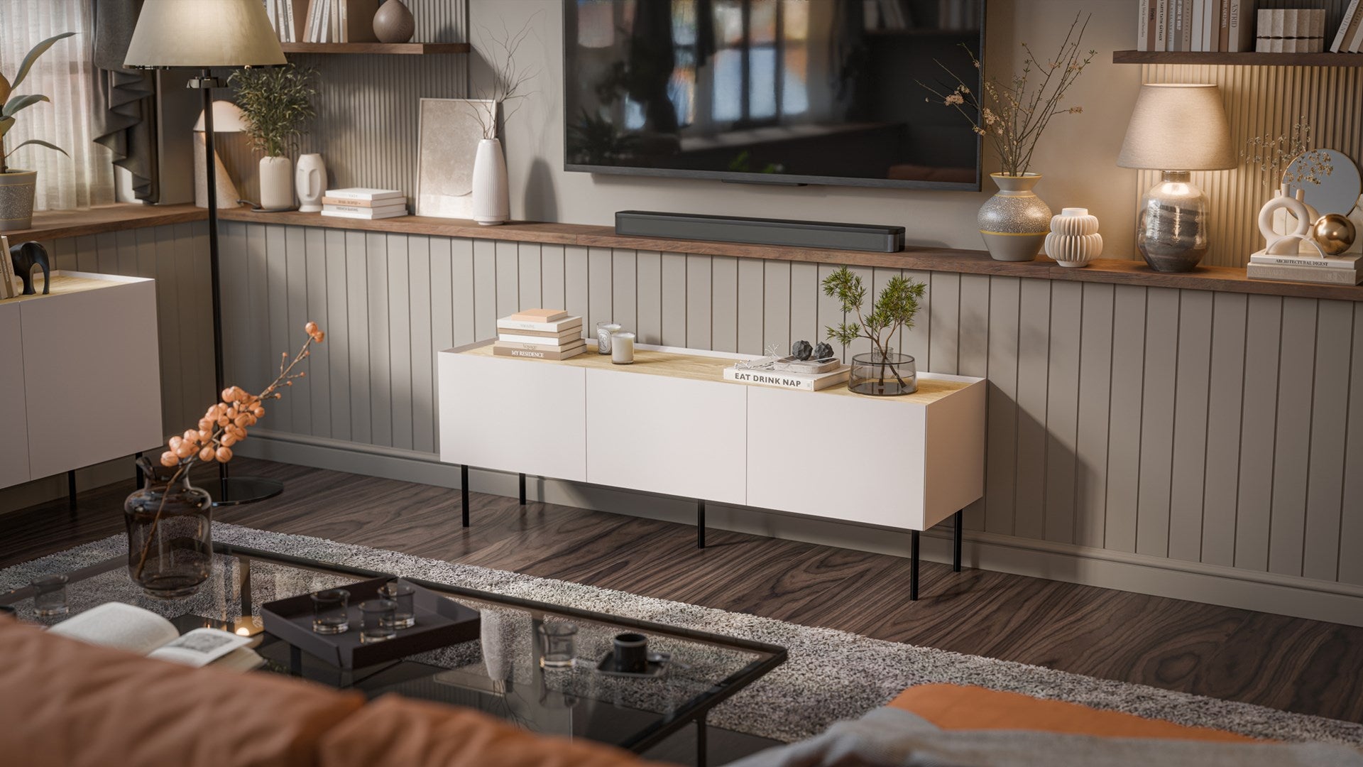 Cama FELLINI TV Cabinet 150x40x52 Cashmere + Oiled Oak Top