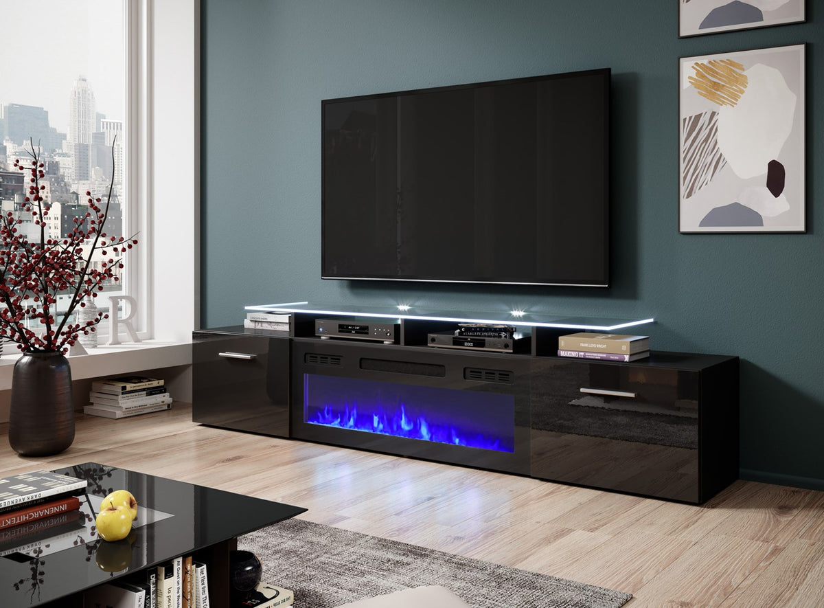 Cama MEBLE TV Cabinet ROVA RTV with Electric Fireplace, Black/Black Gloss, 1900x370x2020 mm