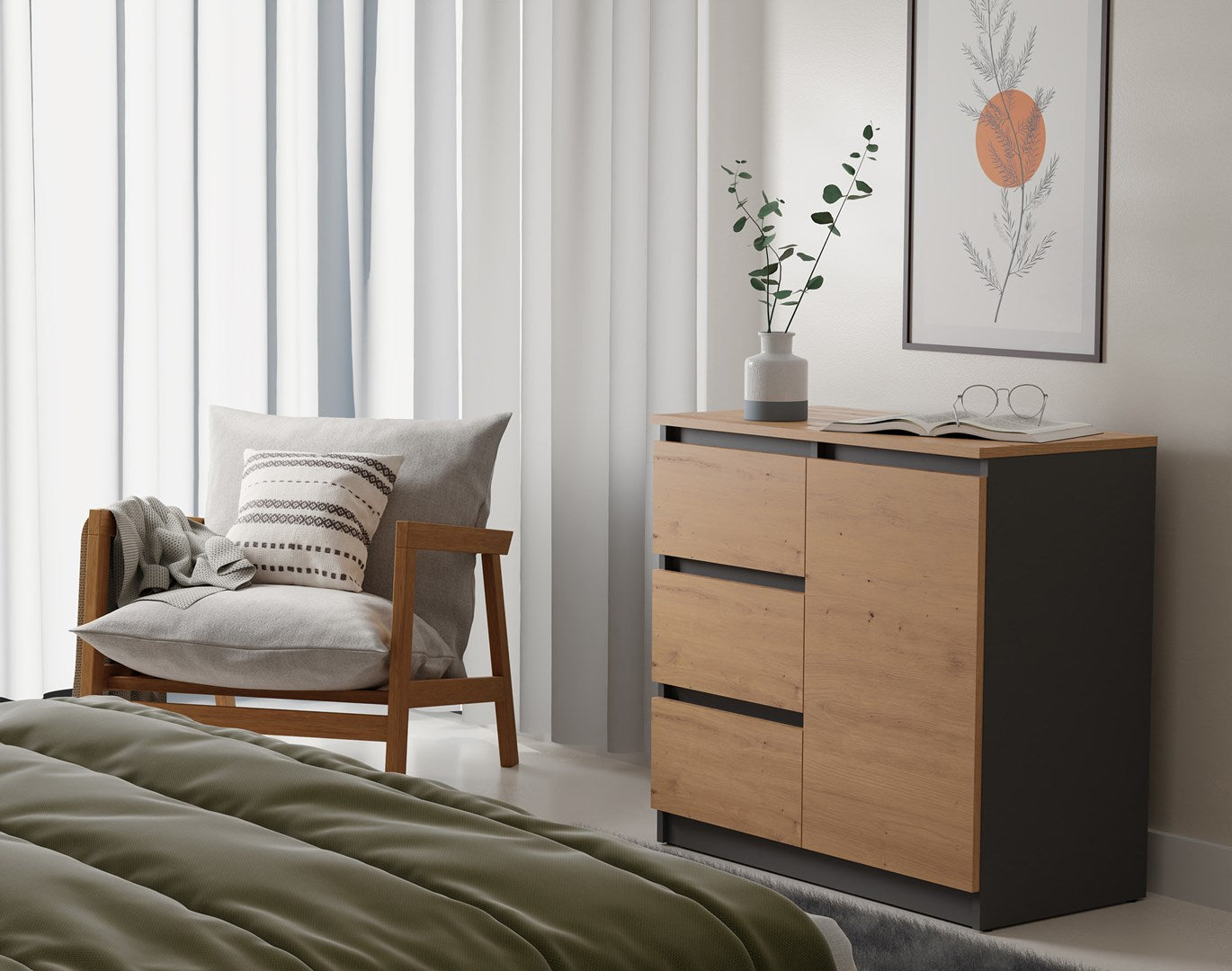 Topeshop Chest of Drawers 1 Door 3 Drawers Anthracite/Artisan 1D3S