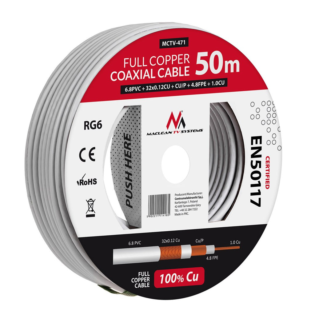Maclean Coaxial Cable  Satellite Antenna Cable  RG6 1.02CU+4.8FPE+CU/P+32*0.12CU+6.8PVC  50M  MCTV-471