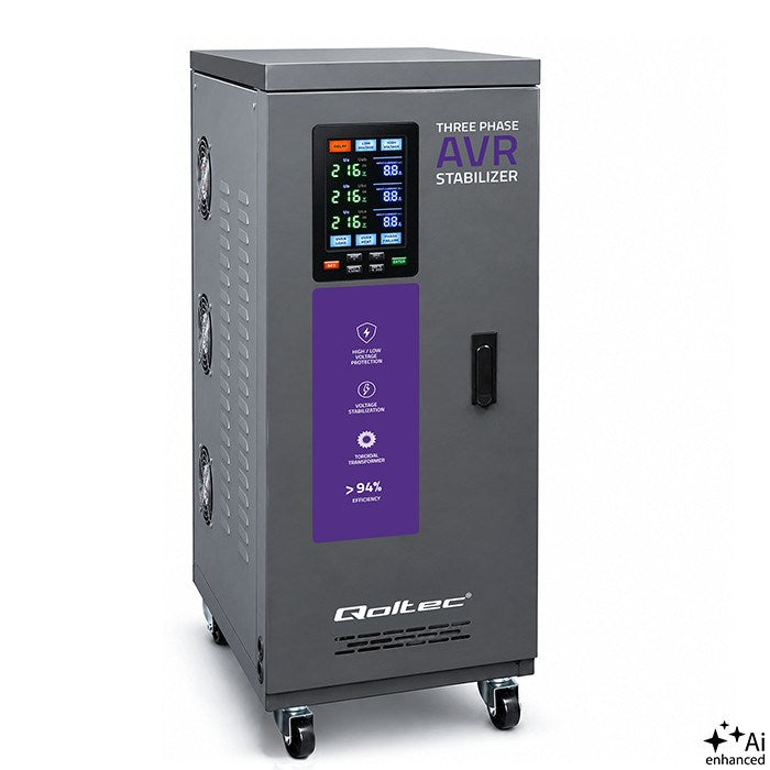 Qoltec Three-Phase Voltage Stabilizer AVR MULTIPROTECTION 20 kVA ± 3% Accuracy Model 51908