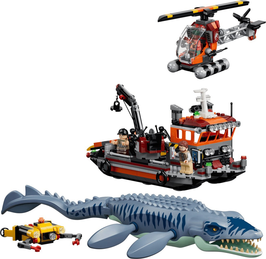 LEGO JURASSIC WORLD Mosasaurus Dinosaur Boat Attack Set, 703 Elements, 3 Minifigures, Model 77983