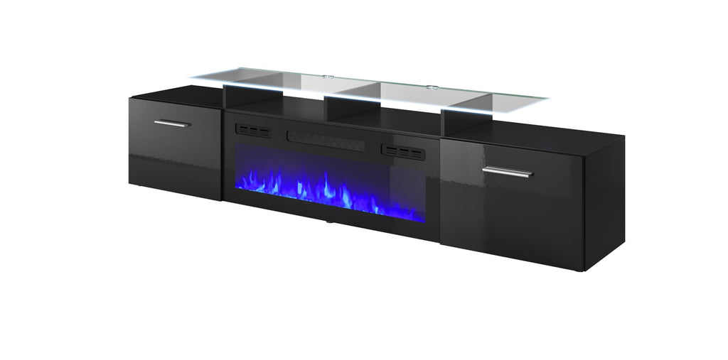 Cama MEBLE TV Cabinet ROVA RTV with Electric Fireplace, Black/Black Gloss, 1900x370x2020 mm