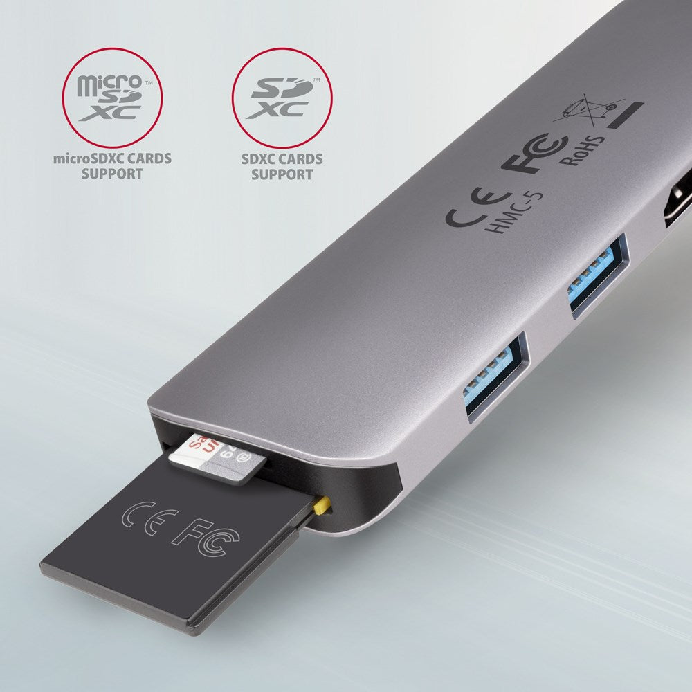 AXAGON HMC-5 USB 3.2 Gen 1 Hub 2x USB-A, HDMI, SD/microSD, PD 100W 20 cm USB-C Cable