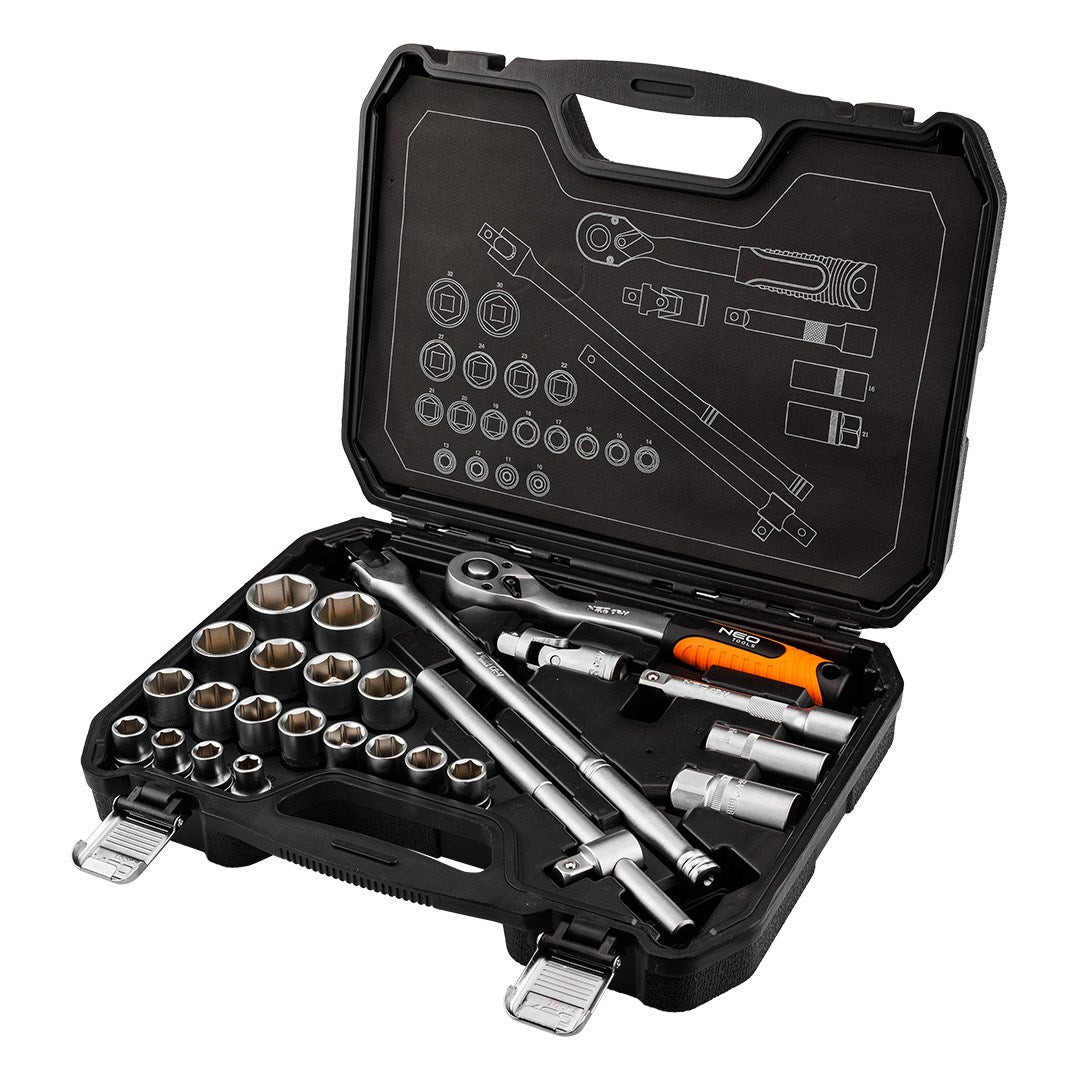 NEO TOOLS Socket Set 1/2" 25 Pieces Satin Finish 5265 g Weight 10-205