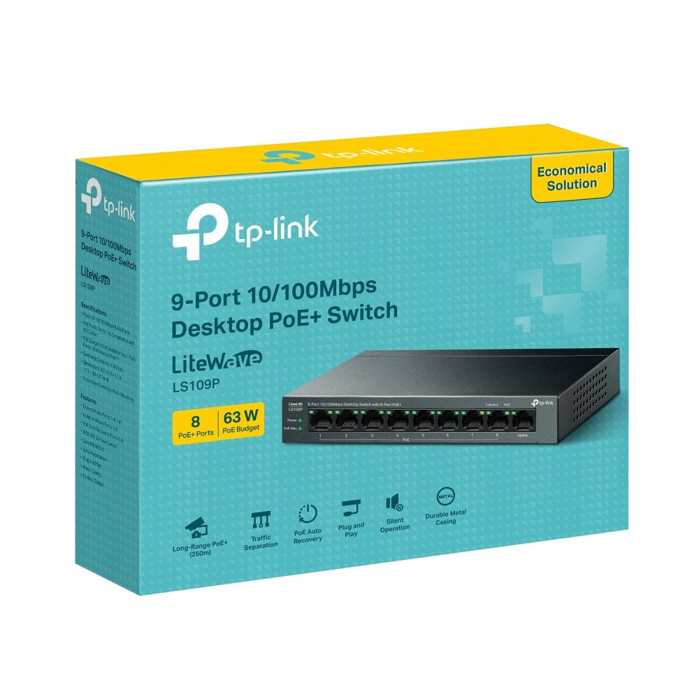 TP-Link Network Switch LS109P, Unmanaged, 9 Ports, PoE 30W