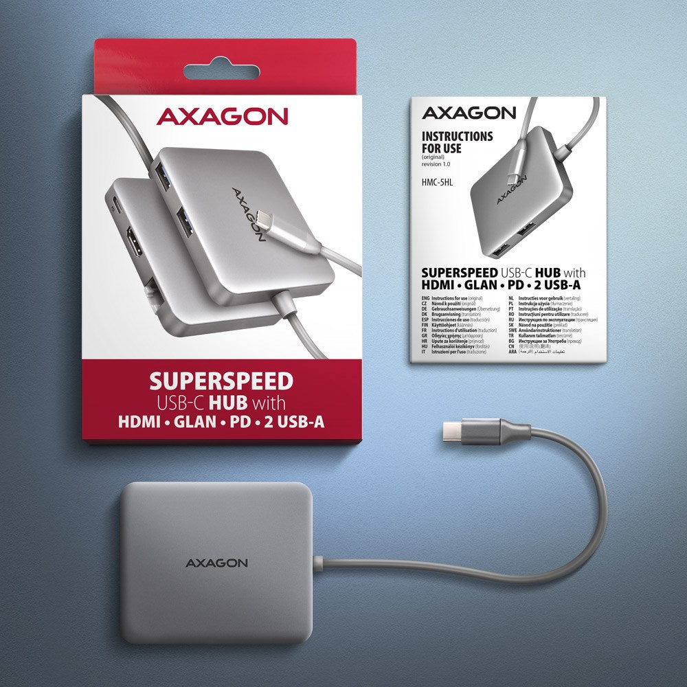 Axagon N HMC-5HL USB 5Gbps hub 2x USB-A HDMI 4k/60Hz RJ-45 GLAN PD 100W kabel USB-C Wired USB 3.2 Gen 1 (3.1 Gen 1) Type-C Silver