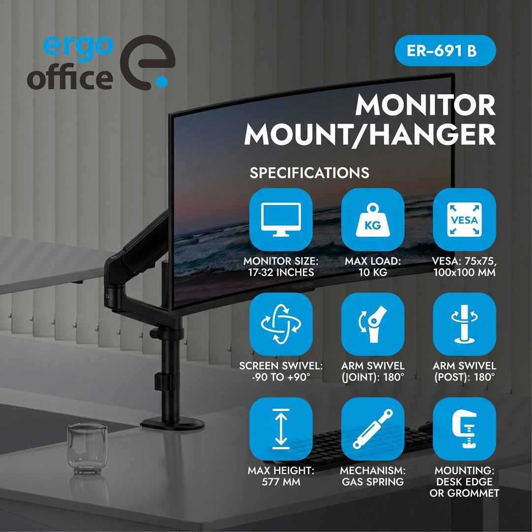 ergo office Monitor Mount ER-691 B - Gas Spring, 17"-32" Screens, Max 10 kg