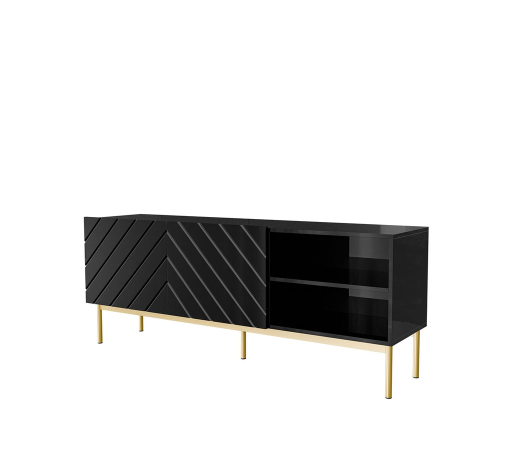 ABETO RTV Cabinet on Golden Steel Frame 150x42x60 Black/Gloss Black - 2 Doors, 3 Shelves