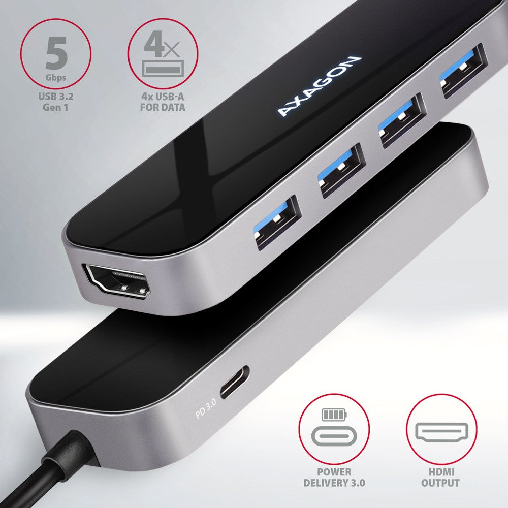 Axagon HMC-6H4A USB 3.2 Gen 1 hub  4x USB-A  HDMI 4k/30Hz  PD 100W  20cm USB-C cable