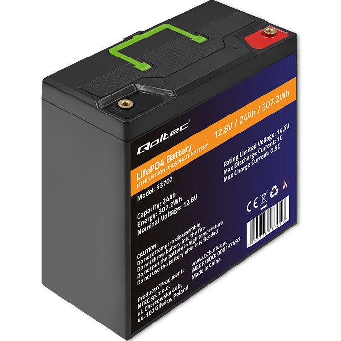 Qoltec LiFePO4 Lithium Battery 12.8V 24Ah BMS 307.2Wh