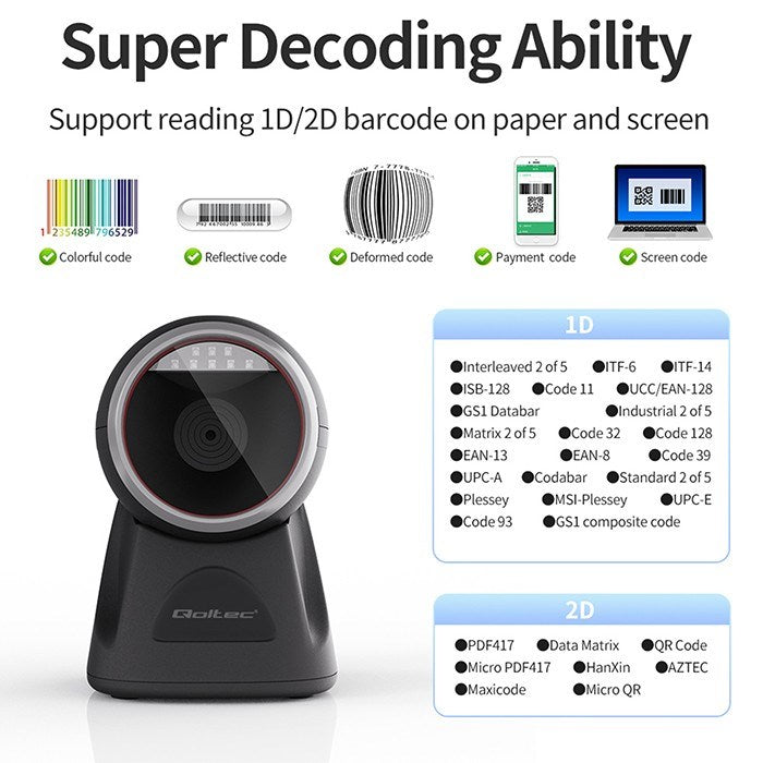 Qoltec Desktop Precision Reader 1D Barcode & QR Scanner 2D