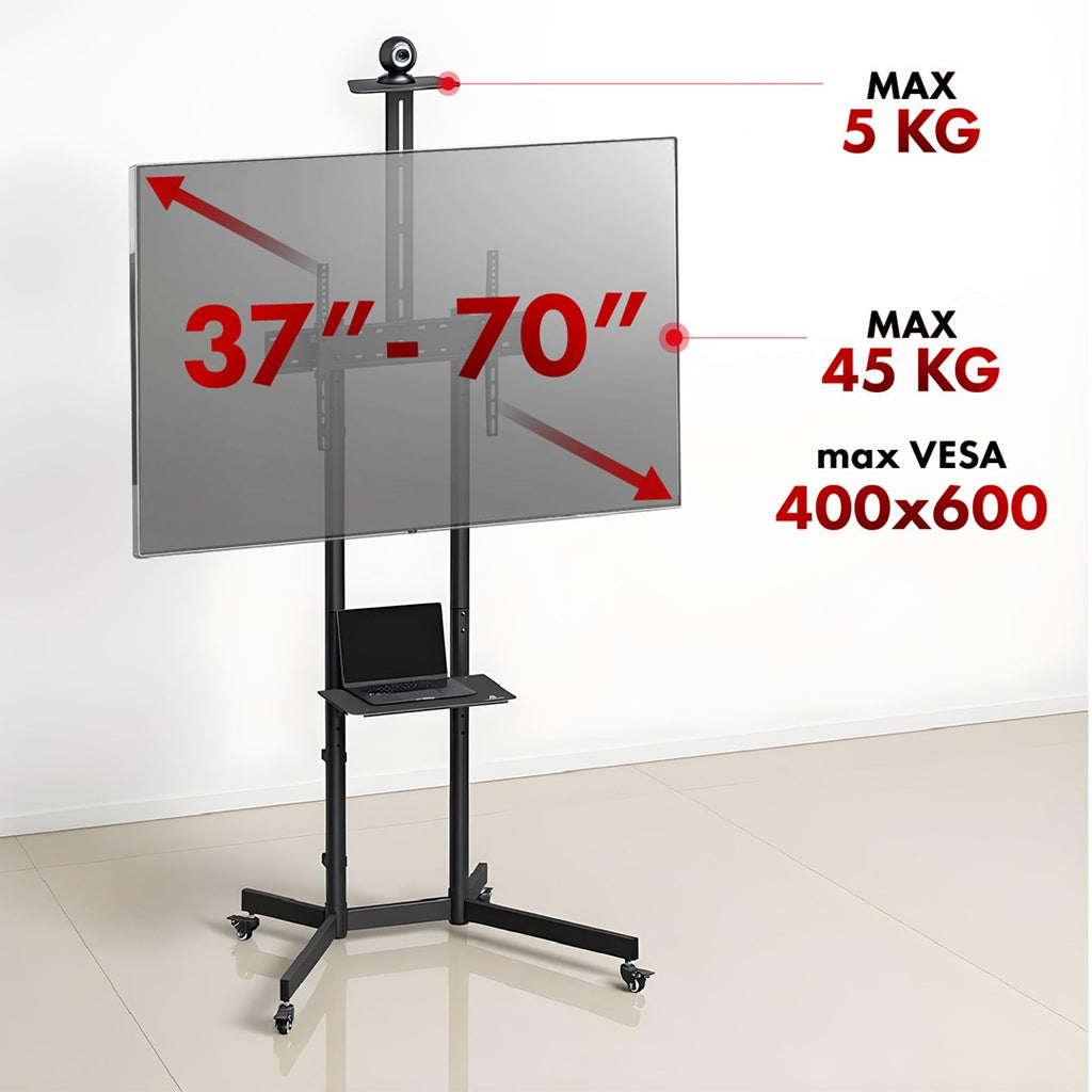 Maclean TV stand/ cart camera shelf on wheels 37-70 max load 45 kg/5 kg shelf max. VESA 600x400 MC-113 B 45kg/5kg