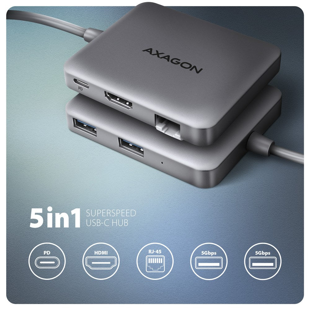 Axagon N HMC-5HL USB 5Gbps hub 2x USB-A HDMI 4k/60Hz RJ-45 GLAN PD 100W kabel USB-C Wired USB 3.2 Gen 1 (3.1 Gen 1) Type-C Silver