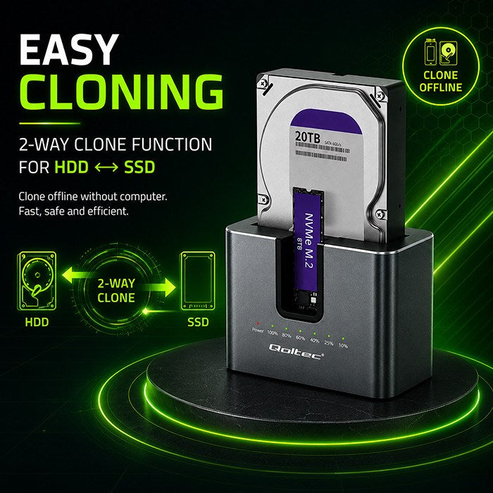 Qoltec 52631 HDD SSD doscking station | SATA | M.2 NVMe | cloning | USB-C | 10Gb/s | 28TB
