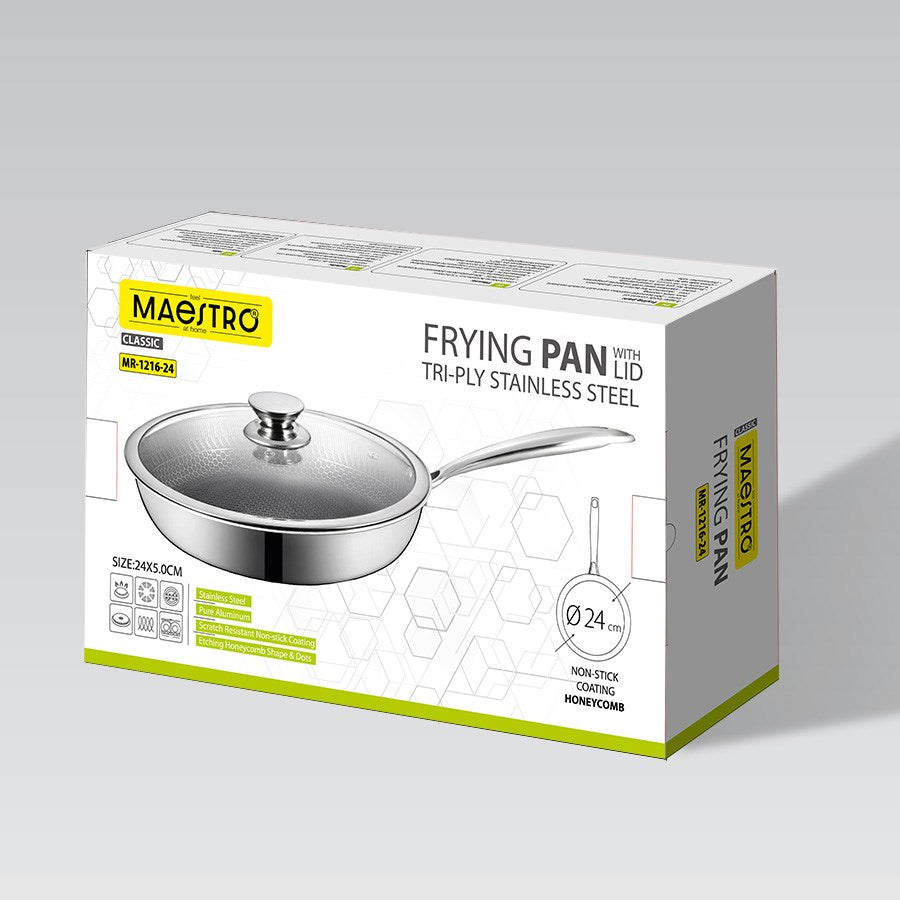 Maestro Frying Pan with Lid - 24 cm - Stainless Steel & Aluminum - Oven Safe 260 °C - Model MR-1216-24