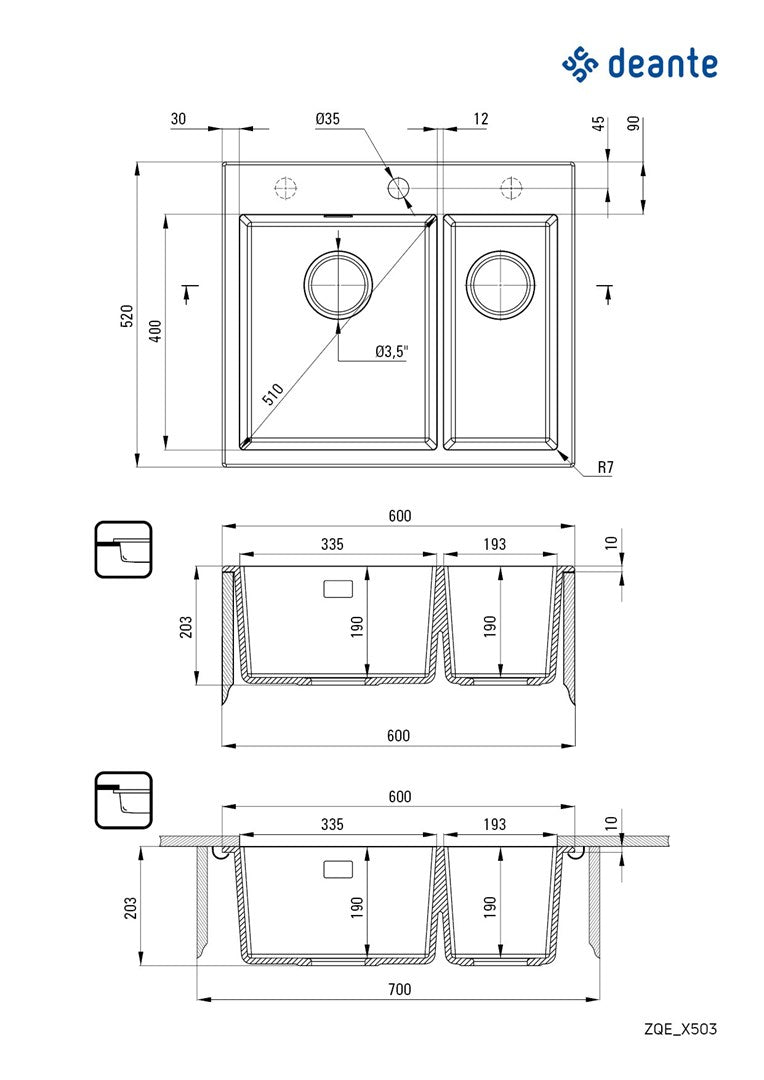1.5-Bowl Granite Sink 600x520mm