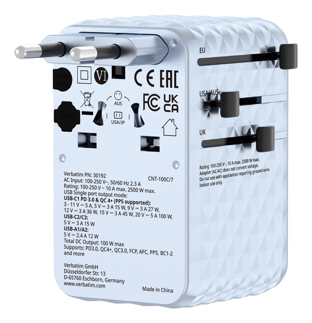 Verbatim Universal Travel Adapter 100W, Retractable Cable, Model 30192