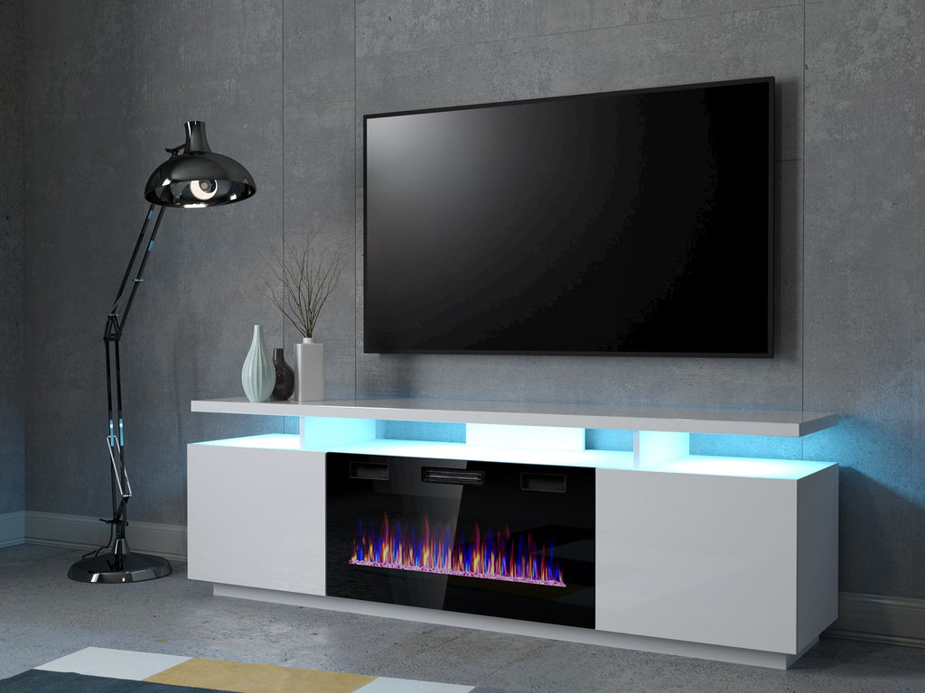 Cama MEBLE TV Cabinet EVA 1800 mm with Electric Fireplace, Glossy White, Self-Assembly