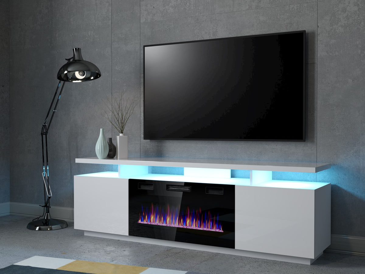Cama MEBLE TV Cabinet EVA 1800 mm with Electric Fireplace, Glossy White, Self-Assembly
