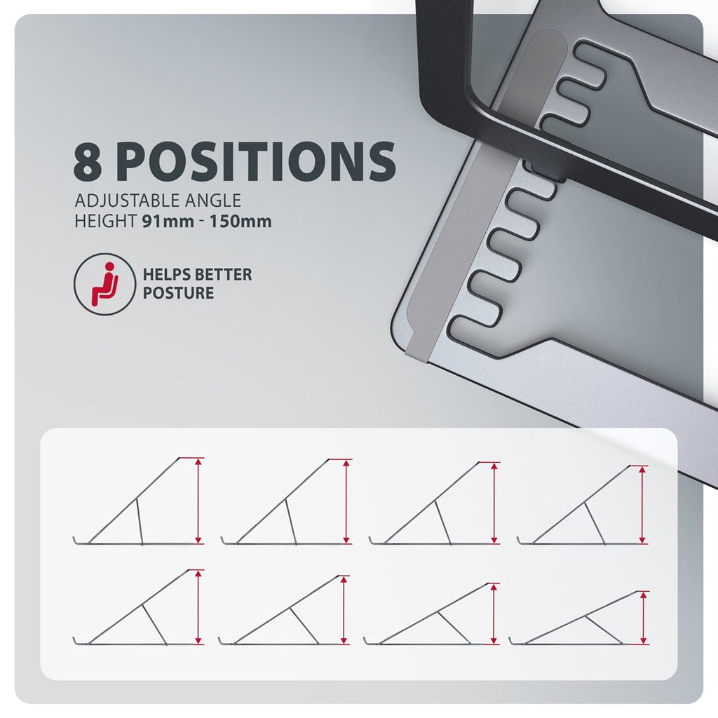 Axagon STND-LAG Aluminum stand for laptops size 10 –17.3 . Eight adjustable height and angle. Grey version.