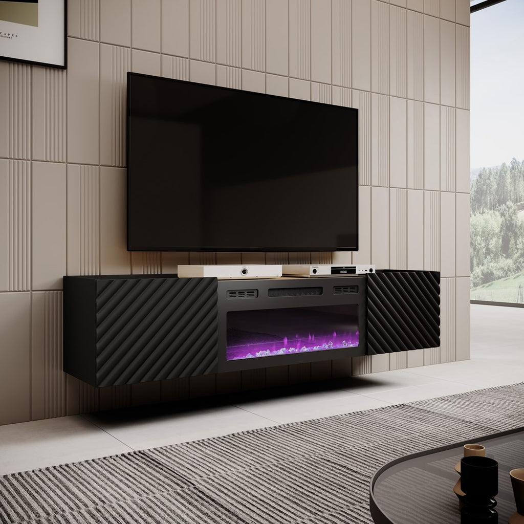 Cama MEBLE TV Cabinet with Electric Fireplace, 1805 mm Length, Black Finish, Model ONDA 301442+