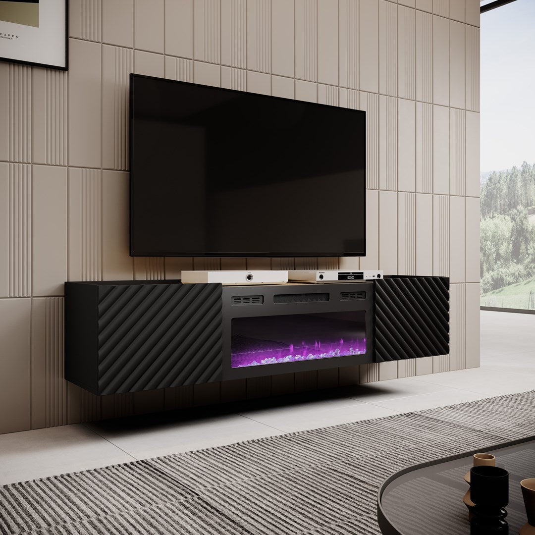 Cama MEBLE TV Cabinet with Electric Fireplace, 1805 mm Length, Black Finish, Model ONDA 301442+