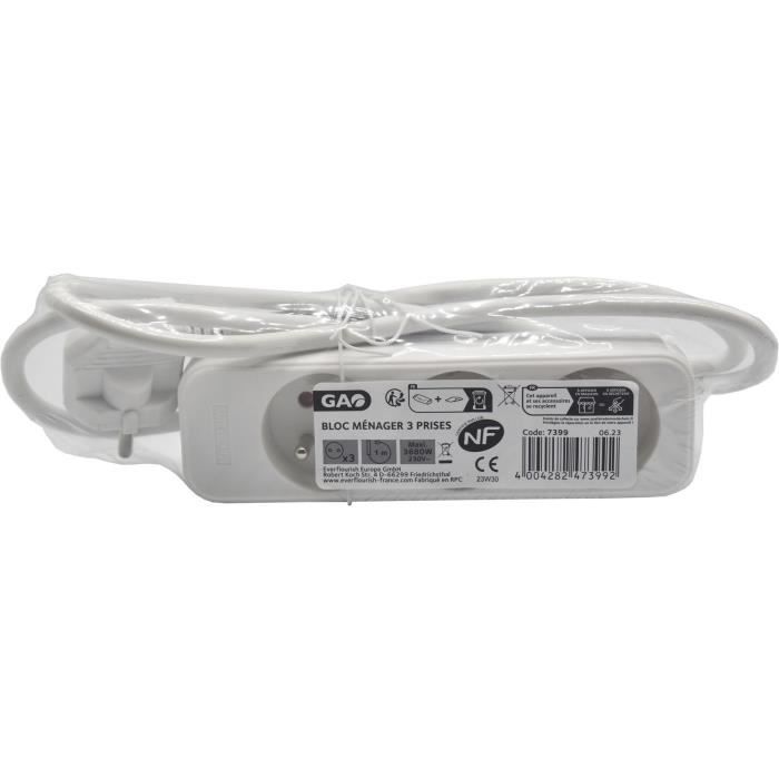 GAO Household Power Strip - 3 x 2P+E Sockets - Child Protection - NF Compliant