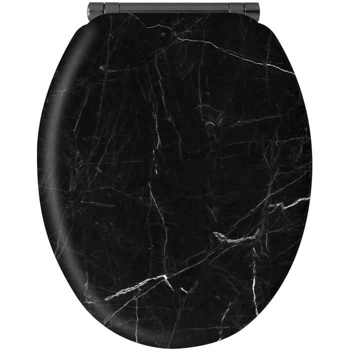 Black Marble Toilet Seat - FSC MDF - GELCO - Quick-Release - Brushed Graphite Metal Hinges