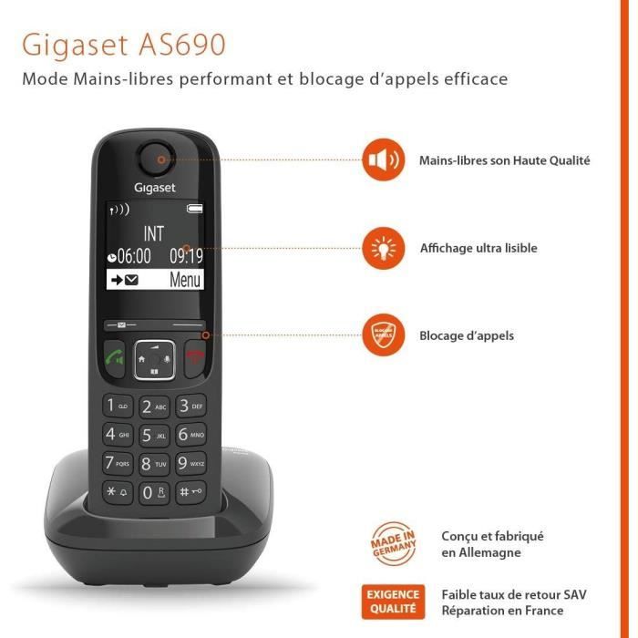GIGASET AS690 Corded Telephone - Black - High-Performance Hands-Free, Call Blocking