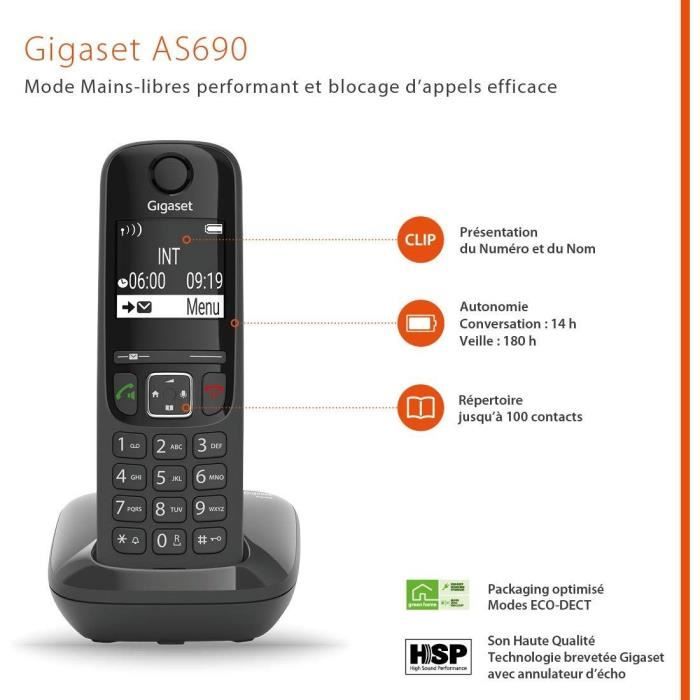 GIGASET AS690 Corded Telephone - Black - High-Performance Hands-Free, Call Blocking