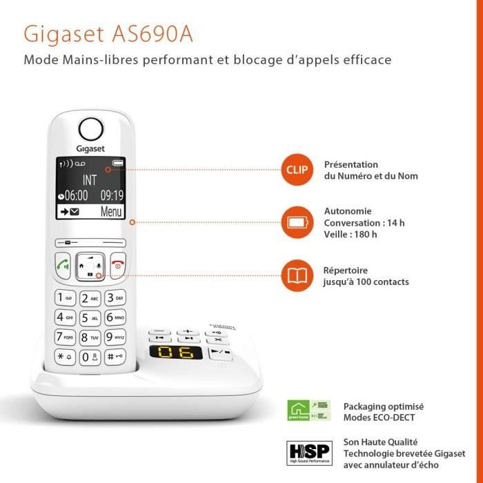 GIGASET AS690 A Cordless Phone - White - Answering Machine, Hands-Free, Caller ID