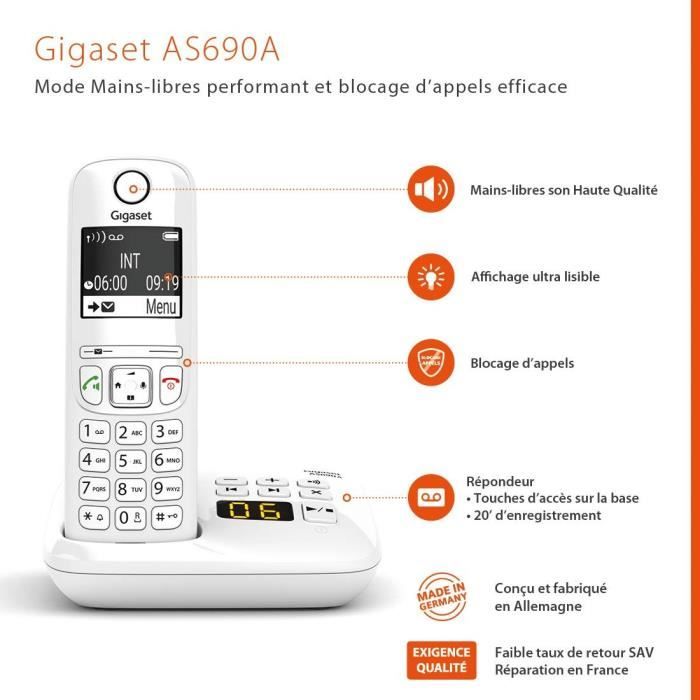 GIGASET AS690 A Cordless Phone - White - Answering Machine, Hands-Free, Caller ID