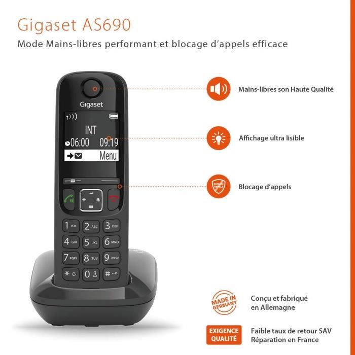Gigaset AS690 Trio Cordless Phone - Black - 100 Contacts - Hands-free